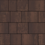 Widok z góry na kwadratowe i prostokątne kostki brukowe Semmelrock Lundo w kolorze Marrone; ciepły, czekoladowo-brązowy melanż z subtelną fakturą tworzy równy, modularny wzór nawierzchni.